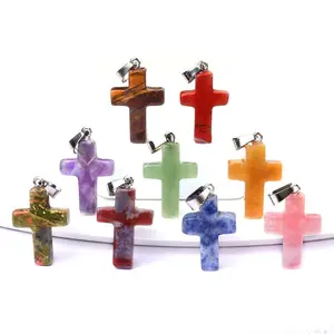 12 Colors 18*25mm Hand Carving Cross Stone Pendants Natural Stone Cross Charm Pendants for DIY Jesus Necklace Jewelry Making