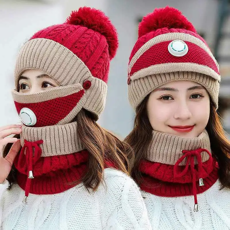 새로운 3 조각 세트 여성 니트 모자 스카프 모자 목 따뜻한 겨울 모자 숙녀 소녀 Beanies Beanies 따뜻한 양털 모자
