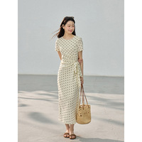 [Paris Pictorial] Robe midi décontractée pour femme, style rétro français Song Ming, à pois, col rond, taille haute, coupe trapèze, pour l'été