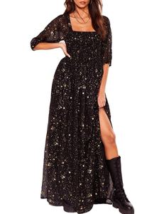 2023 Ladies Black <strong>Star</strong> Print Mesh Square Collar Puff Sleeves Smocked Long Slit Maxi <strong>Dress</strong> for Party - Product Image 1