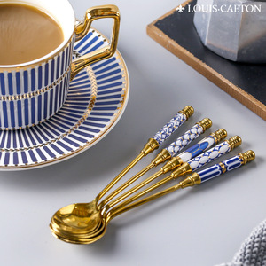 Cuillères à café KCH de luxe léger, rétro, dorées, avec manches en céramique, en porcelaine bleue et blanche de luxe, longues, pour thé et desserts - Product Image 1