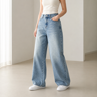 Jean Boyfriend Femme Taille Haute Délavé Effet Usé Jambe Large Ourlet Courbé Respirant Ample Longueur Intégrale Style Y2K