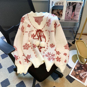 <span class=keywords><strong>Pull</strong></span> en tricot pour <span class=keywords><strong>femme</strong></span>, style cardigan ample et décontracté, col en V, motif ours mignon et nœud, collection automne-hiver, style dessin animé - Product Image 6