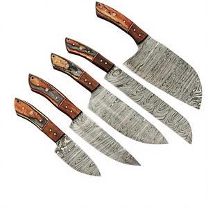 Juego de Cuchillos de Chef de Acero de Damasco de Alta Calidad, 5 Piezas, Personalizables OEM/ODM, con Hojas de Punta Caída y Borde Biselado, Mangos de Madera - Product Image 1