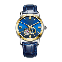 Montre mécanique de haute qualité pour hommes, verre cristal, boîtier en acier inoxydable, bracelet en cuir, squelette, chiffres romains, minimaliste, double affichage