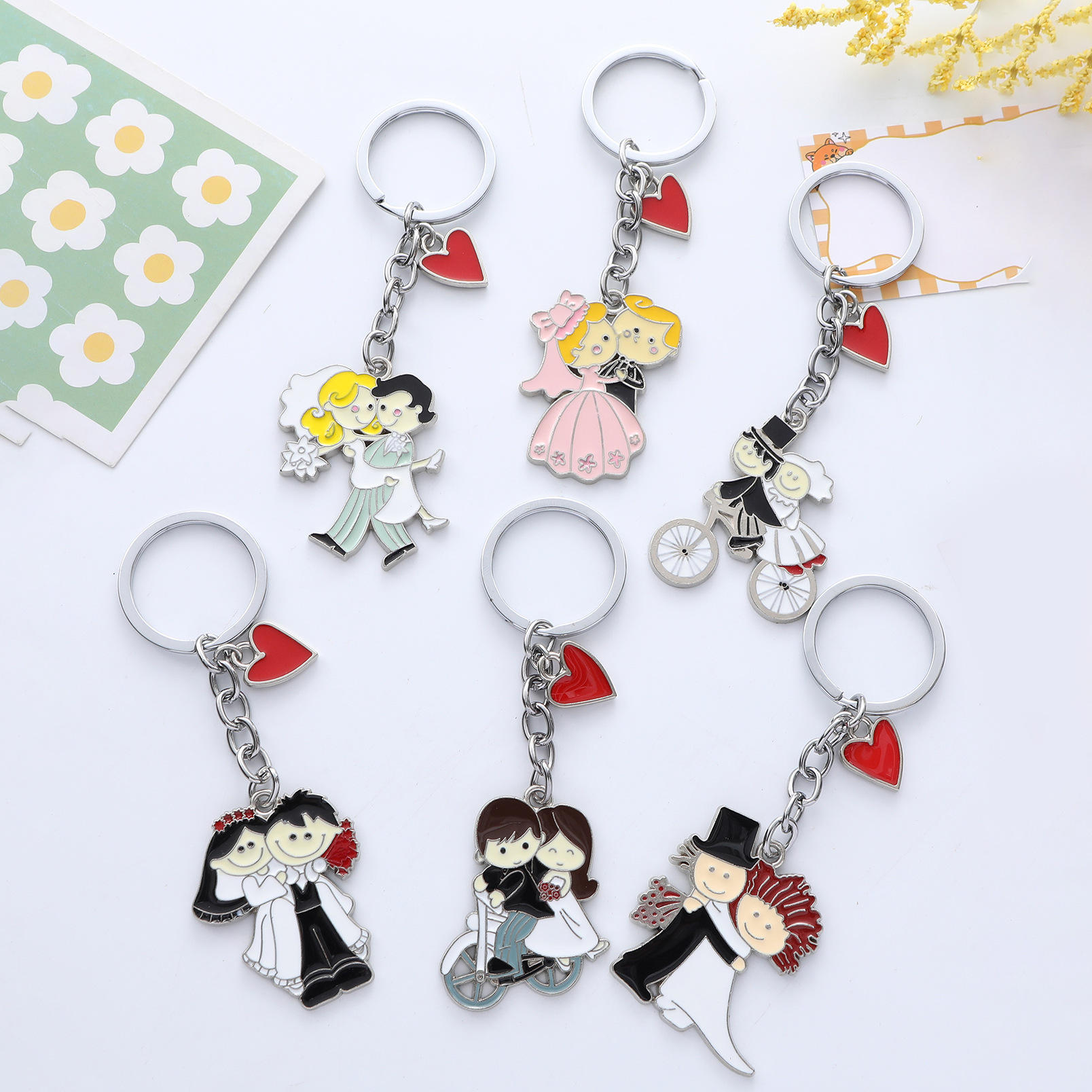 New Cartoon Bride Groom Keychain Heart Love Couple Keyring