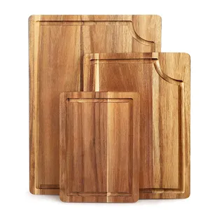 Tabla de cortar de madera de Acacia, Juego de 3 bloques de carnicero de madera con ranura de zumo para Cocina