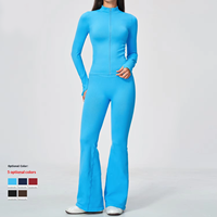 Nouvel ensemble 2 pièces transfrontalier pour le yoga et le sport : Manteau uni à manches longues avec fermeture éclair et pantalon évasé, haute élasticité, sans couture, séchage rapide
