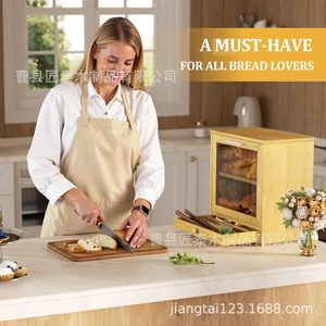 Boîte à pain en bambou Jiangtai à double couche, armoire de rangement alimentaire en bois pour la cuisine avec porte en verre pour le pain et les produits de boulangerie - Product Image 5