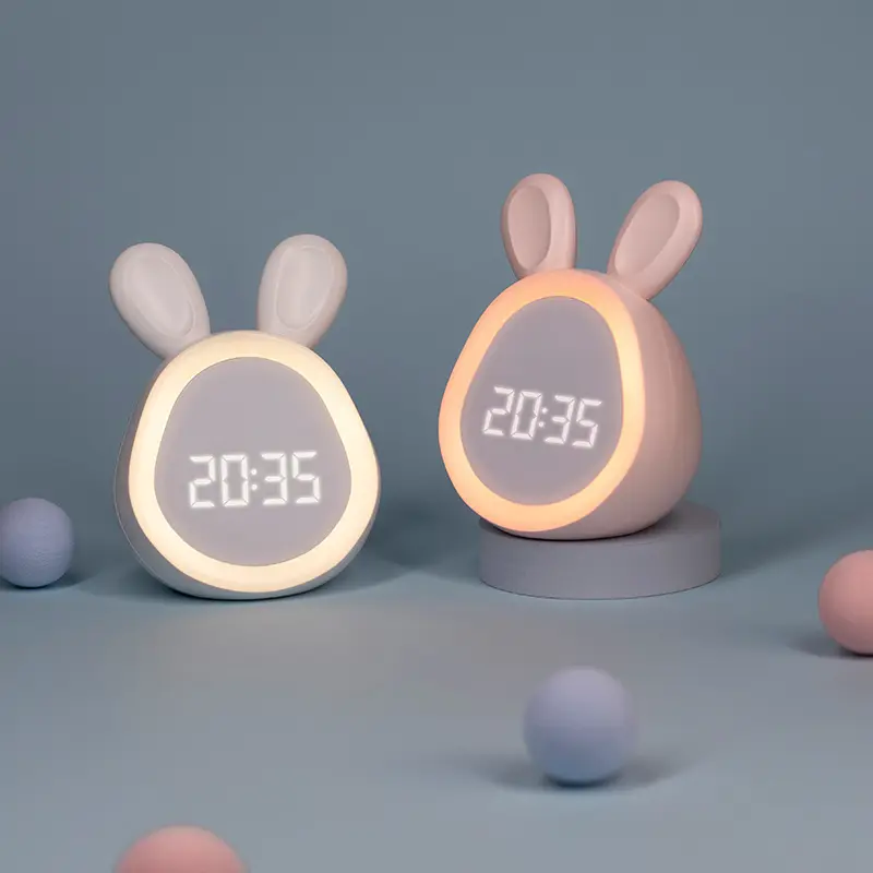 NISEVEN Wholesales Creative Holiday Gifts Mini Smart Led Kids Time Rabbit Night Light Cartoon Round Rabbit Alarm Clock