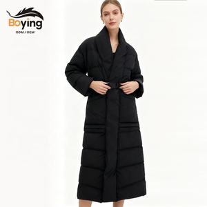 보잉 여성용 겨울 롱 다운 재킷-방풍 무지 염색 두꺼운 화이트 덕 코트 우아한 허리 조임 오버니 롱 ODM / OEM - Product Image 1