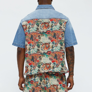 KINGSEN High Quality Men's 100% Cotton Washed Denim <b>Shirt</b> Tiger Floral Jacquard <b>Patchwork</b> Boxy Fit Short Sleeve Casual Top - Product Image 5