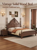 Lit double vintage français en bois, cadre rembourré élégant avec rangement, lit de mariage classique pour chambre principale