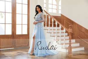 Ruolai LWC6806 nuovo arrivo vestiti da sera a maniche lunghe abiti da sera <span class=keywords><strong>con</strong></span> perline <span class=keywords><strong>blu</strong></span> cielo e <span class=keywords><strong>spacco</strong></span> - Product Image 3