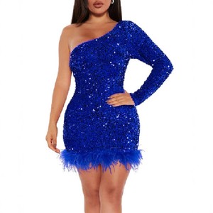 One-Shoulder Sequined <b>Feather</b> Dress <b>Black</b> Asymmetric Evening Gown - Product Image 2