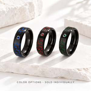 Black PVD Stainless Steel Zircon Band <b>Ring</b> with Geometric Color Inlay Blue <b>Green</b> and Red Color Options - Product Image 1