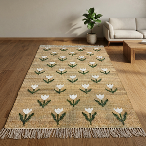 Alfombra de Yute Floral con Flecos Naturales, Tapete Decorativo para Sala de Estar y Dormitorio - Product Image 3