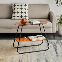 Table basse ovale moderne et durable à double plateau en verre avec structure métallique, design étroit et rangement ouvert pour salon et chambre à coucher