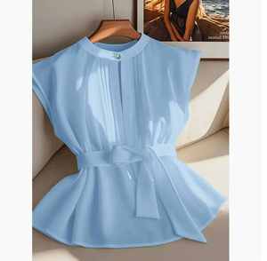 Abbigliamento Estivo <span class=keywords><strong>Donna</strong></span> Stile Europeo e Americano, <span class=keywords><strong>Camicia</strong></span> Monocolore Senza Maniche con Cintura - Product Image 1