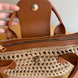 Borsa a mano da donna in maglia all'uncinetto stile retrò francese, borsa tote di lusso in pelle patchwork, borsa a tracolla estiva traforata da spiaggia con manico superiore - Product Image 5