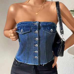 Top Corto de Mezclilla sin Tirantes para Mujer - Top Casual de Otoño a la Moda - Product Image 3