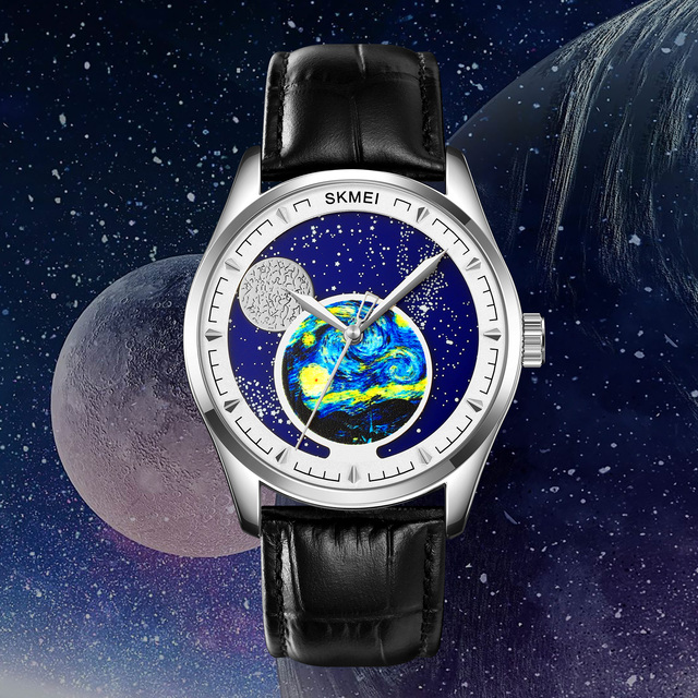 New Luxury Cartoon Fashion Vast Starry Sky Skmei 2115 Moon Phase Genuine Leather Watch Men's 3ATM