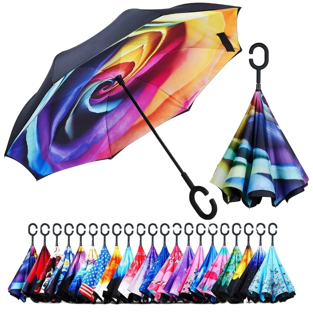 Großhandel Custom Logo gedruckt Double Fabric Wind proof C-Form Griff Upside Down Inverted Reverse Umbrella