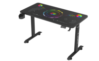 Bureau de jeu en verre réglable en hauteur à moteur unique BEISIJIE AY-0, table à texture carbone RGB avec E-SPORTS