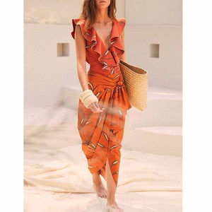 JSN9203860 Maillot de bain une pièce imprimé à volants orange et couverture taille haute col en V Sexy Slim Backless Bikini dames été plage - Product Image 1