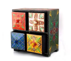 Caja de Joyería de Madera Hecha a Mano con Trabajo de Esmalte Pintado, 4 Cajones, Decoración para Interiores, Regalo de Boda, Artesanía Nirmala - Product Image 1