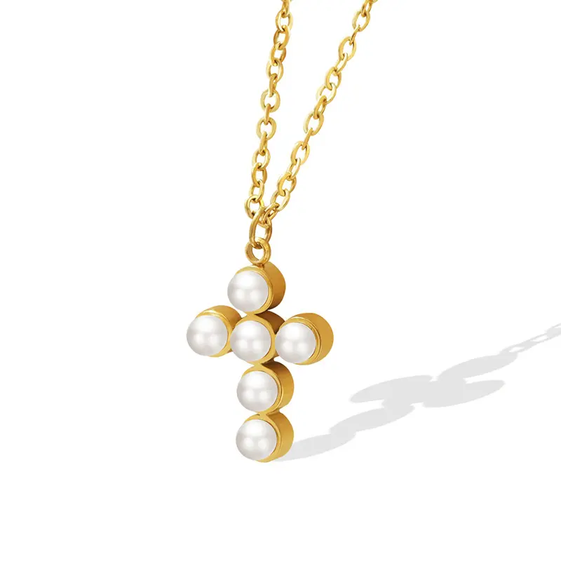 18k Gold Plated Stainless Steel Charm Jewelry Imitation Pearl Cross Pendant Necklace for Women