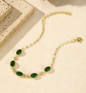 Pulsera de Cadena Clásica de Plata S925 Chapada en Oro de 18K con Jade Ovalado y Diamantes Redondos en Engaste de Bisel, Joyería para Uso Diario de Mujer - Product Image 5