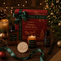 Coffret Cadeau de Noël de Luxe 4 Pièces en Gros : Eau de Parfum Vanille 100ml, Diffuseur à Bâtonnets & Bougie en Cire de Soja - Boîte Festive pour Femme