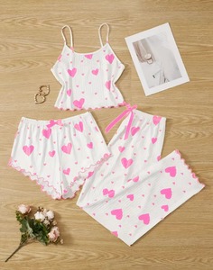 Conjunto de Pijama de Tres Piezas con Estampado de Corazones para Mujer, Ropa de Dormir Suave y Sexy para Verano y Otoño - Product Image 2