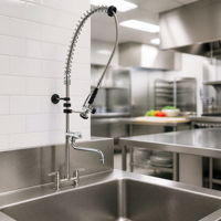 Robinet de cuisine double levier avec douchette de pré-évier, bec flexible col de cygne, en laiton sans plomb, finition chromée, fixation sur comptoir, tête de pulvérisation à ressort, usage commercial