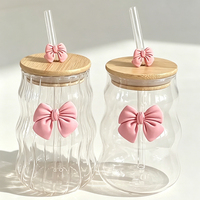 Gelas Tumbler Korea Bergaris untuk Jus, Kopi, Pesta, dengan Hiasan Pita, Kaca Borosilikat Tahan Panas, Aman untuk Microwave dan Mesin Cuci Piring, Bambu