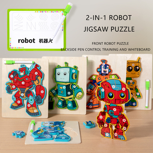 Puzzle multifonctionnel pour enfants Puzzle robot 2-en-1 Apprendre à écrire Planche à dessin double face Jouets éducatifs montessori en bois - Product Image 2