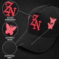 Casquette de baseball noire personnalisée 5 panneaux avec broderie 3D en relief papillon, visière incurvée, réglable, style streetwear, vente en gros, OEM, faible MOQ