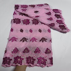 Tissu en dentelle brodée au laser de haute qualité, broderie florale violette, tissu pour robe avec strass, tissu haut de gamme pour vêtements féminins - Product Image 1