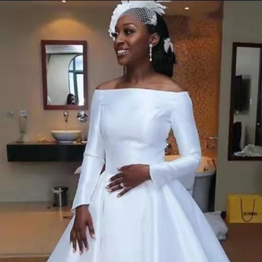 2022 African wedding luxury silk and satin wedding dress with long tail church style wedding dress with long sleeves