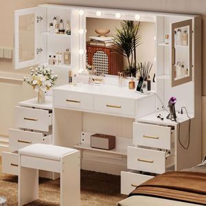 <span class=keywords><strong>Commode</strong></span> de chambre à coucher <span class=keywords><strong>en</strong></span> laque blanche haut de gamme avec éclairage LED et miroir sur pied, table de maquillage moderne de luxe <span class=keywords><strong>en</strong></span> bois avec rangement - Product Image 2