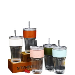 Tasse à café en verre rayée avec couvercle et paille, grande capacité, tasse de voyage, tasse à latte - Product Image 3