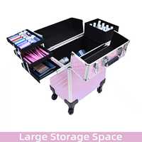 Valise de maquillage à roulettes, chariot de rangement cosmétique, valise de voyage à 4 plateaux avec roues pour esthéticienne, technicienne en ongles, coiffeuse