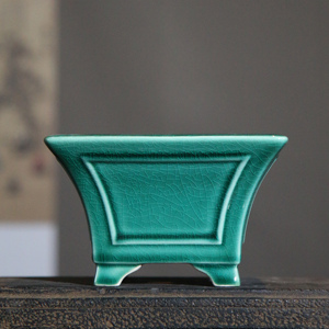 Pot à Bonsaï en Céramique Carré Rectangulaire, Glaçure Verte, Style Chinois Classique - Product Image 1