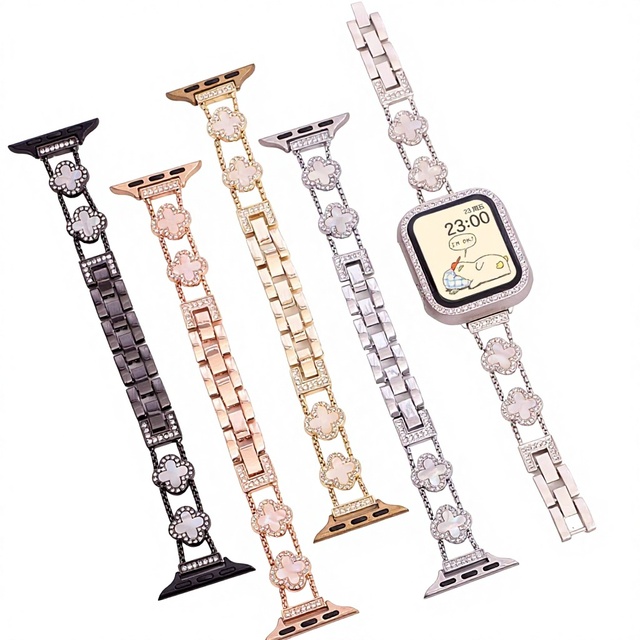 Upro Stainless Steel Clover Bangle Bracelet Watch Band with Snap Buckle for apple Watch 38mm Women's Crystal Chain Strap