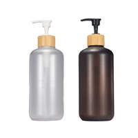 Botol Dispenser Sabun Kaca Amber Kustom dengan Pompa Bambu Alami, Botol Isi Ulang untuk Sampo Cair dan Pembersih Tangan untuk Kamar Mandi