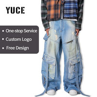 Pantalons en jean pour hommes de qualité en gros, coupe large, taille élastique, multi-poches, résistants, style cowboy, longueur complète, ourlets empilés