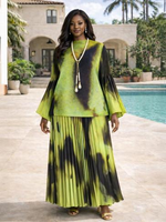 Ensemble coordonné élégant : Haut ample à motifs abstraits et jupe longue plissée - 100% Polyester, tenue africaine modeste pour tous les jours