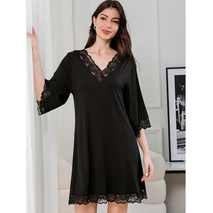 <span class=keywords><strong>Robe</strong></span> <span class=keywords><strong>de</strong></span> nuit manches 1/2 <span class=keywords><strong>pour</strong></span> femmes, <span class=keywords><strong>grande</strong></span> <span class=keywords><strong>taille</strong></span>, chemise <span class=keywords><strong>de</strong></span> nuit sexy en dentelle, confortable, viscose douce et modale - Product Image 2
