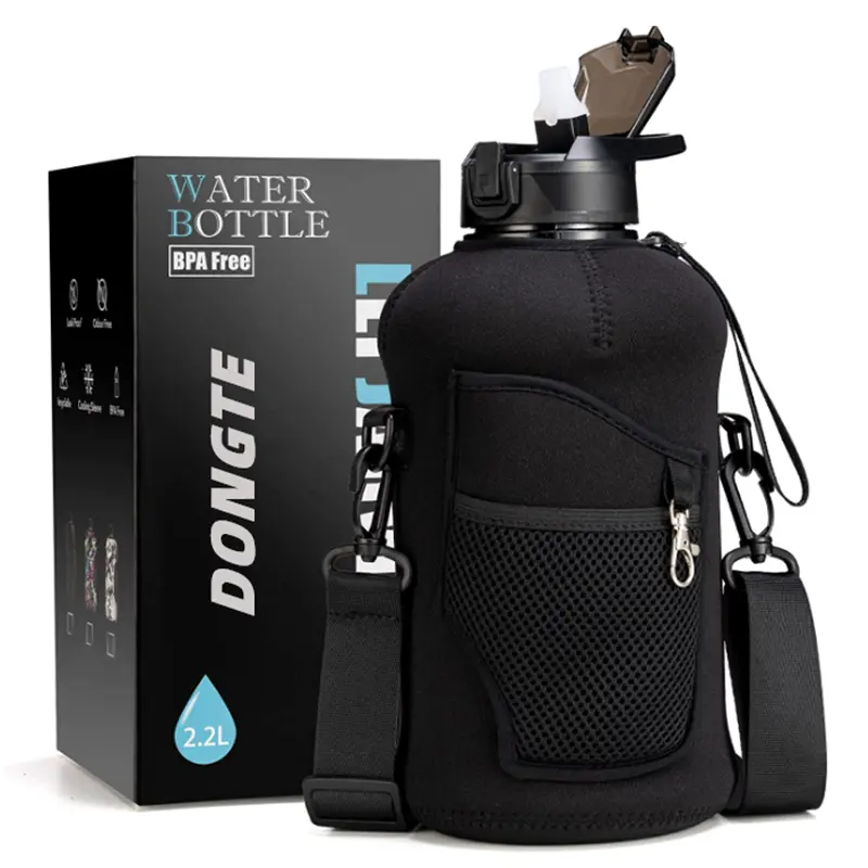 Botella de agua grande de medio galón sin BPA de 64 OZ con tapa de plástico y funda a prueba de fugas botella deportiva de gimnasio con pajita y MARCADOR DE TIEMPO